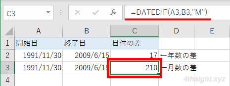 Excel（エクセル）で日付の差を計算する方法（DATEDIF関数）