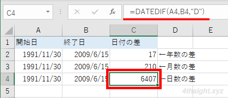 Excel（エクセル）で日付の差を計算する方法（DATEDIF関数）
